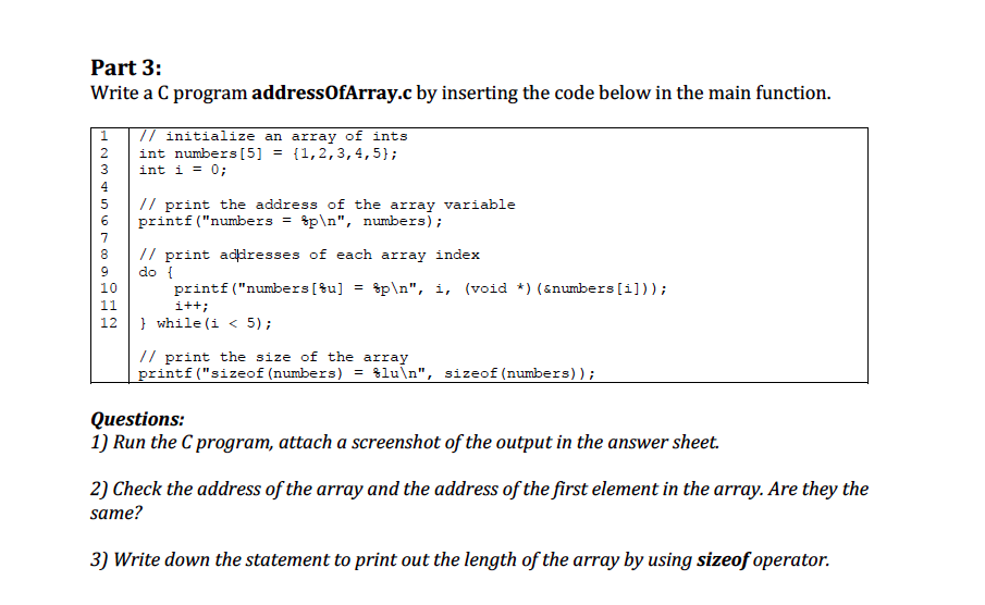 parts c program of Part A AddressOfArray.c Inse Solved: Write Program By C 3: