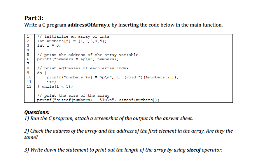 parts c program of Part Program AddressOfArray.c A Solved: Inse By C 3: Write