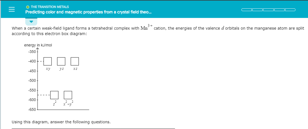 THE TRANSITION METALS Predicting color and magnetic properties from a crystal field theo... When a certain weak-field ligand forms a tetrahedral complex with Mn according to this electron box diagram: cation, the energies of the valence d orbitals on the manganese atom are split energy in kJ/mol 350 400-4501 xy yz xz 500 -550 600 650 2X- Using this diagram, answer the following questions.