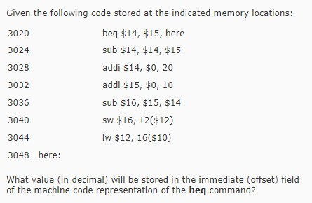 Given the following code stored at the indicated memory locations: 3020 3024 3028 3032 3036 3040 3044 3048 here: beq $14, $15, here sub $14, $14, $15 addi $14, $0, 20 addi $15, $0, 10 sub $16, $15, $14 sw $16, 12($12) Iw $12, 16($10) What value (in decimal) will be stored in the immediate (offset) field of the machine code representation of the beq command?