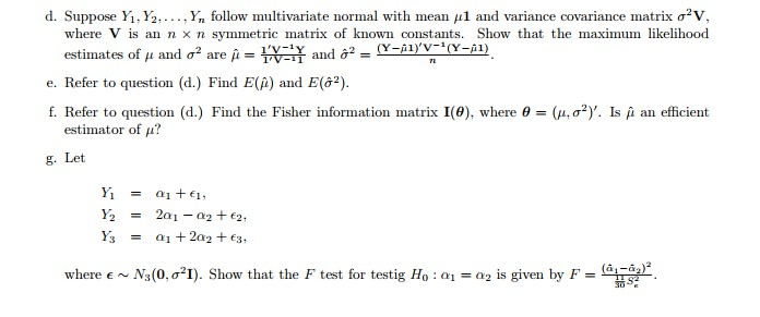 D Suppose Y1 Y2 Yn Follow Multivariate No Chegg Com