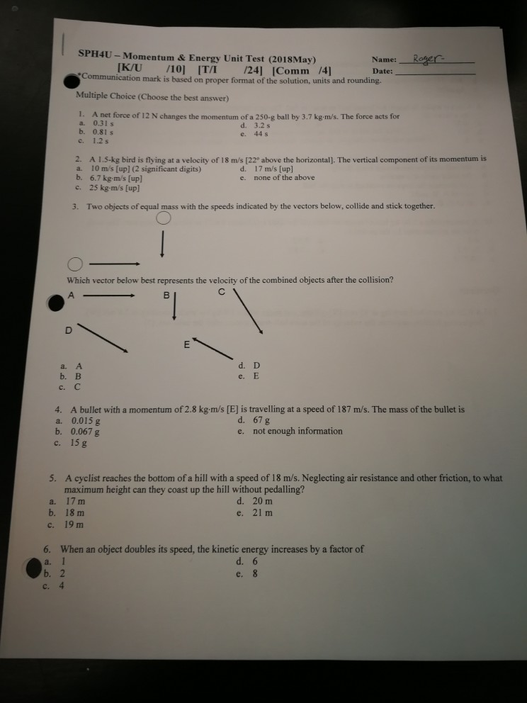 Comm Momentum ... SPH4U (2018May) \u0026 Energy Unit - Test Solved: