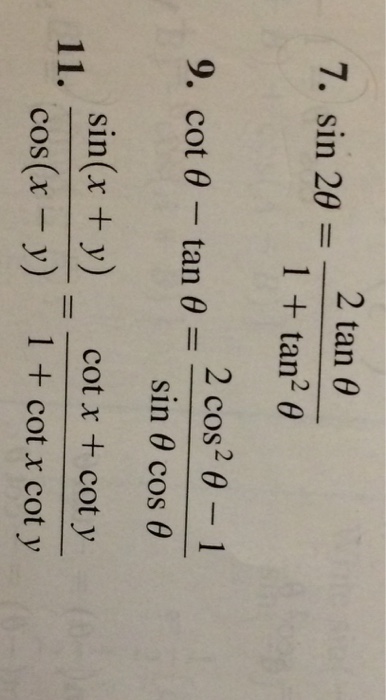 Sin 2 Theta 2 Tan Theta 1 Tan 2 Theta Cot Theta Chegg Com