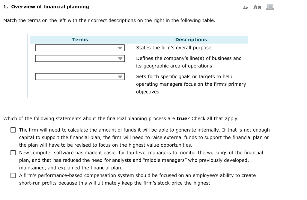 Solved 1. Overview Of Financial Planning Aa Aa B Match Th
