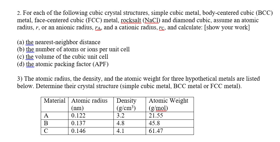 atomic number question quiz Each For Structures Following Solved: The Cubic Crystal Of