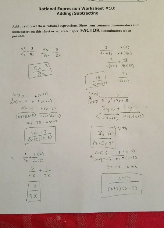 Solved Rational Expression Worksheet 10 Adding Subtract Chegg Com