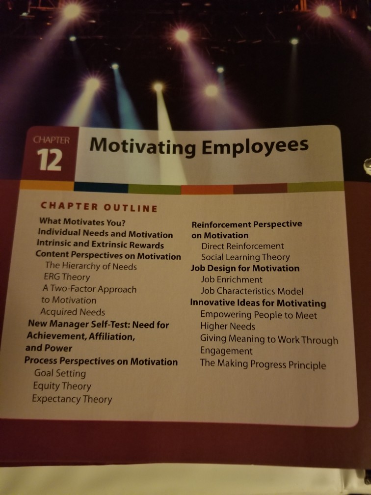 CHAPTER Motivating Employees 12 CHAPTER OUTLINE What Motivates You? Individual Needs and Motivation Intrinsic and Extrinsic Rewards Content Perspectives on Motivation Reinforcement Perspective on Motivation Direct Reinforcement Social Learning Theory Job Design for Motivation The Hierarchy of Needs ERG Theory A Two-Factor Approach 

<div class=