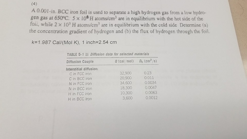 A 0.001-in. BCC iron foil is used to separate a high hydrogen gas from a low hydro- gen gas at 650°C. 5 × 10s H atoms/cm3 are in equilibrium with the hot side of the foil, while 2 103 H atoms/cm3 are in equilibrium with the cold side Determine (a) the concentration gradient of hydrogen and (b) the flux of hydrogen through the foil. k-1.987 Cal/(Mol K), 1 inch-2.54 cm TABLE 5-1 Diffusion data for selected materials Diffusion Couple Interstitial diffusion: a (cal/moi) Do (cm2 s) C in FCC iron C in BCC iron N in FCC iron N in BCC iron H in FCC iron H in BCC iron 32,900 20,900 0.23 0.011 0.034 0.0047 600 18,300 10,300 0.0063 3,600 0.0012