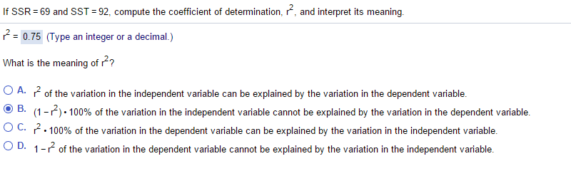 solved if ssr 69 and sst 92 compute the coefficient