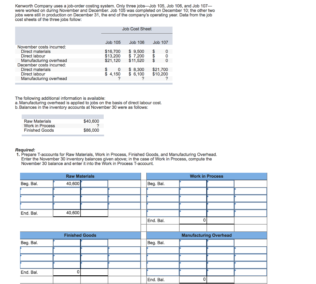 Solved Kenworth Company Uses A Joborder Costing System