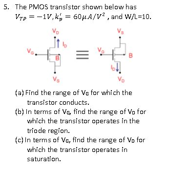 Solved The Pmos Transistor Shown Below Has V Tp 1v K Chegg Com