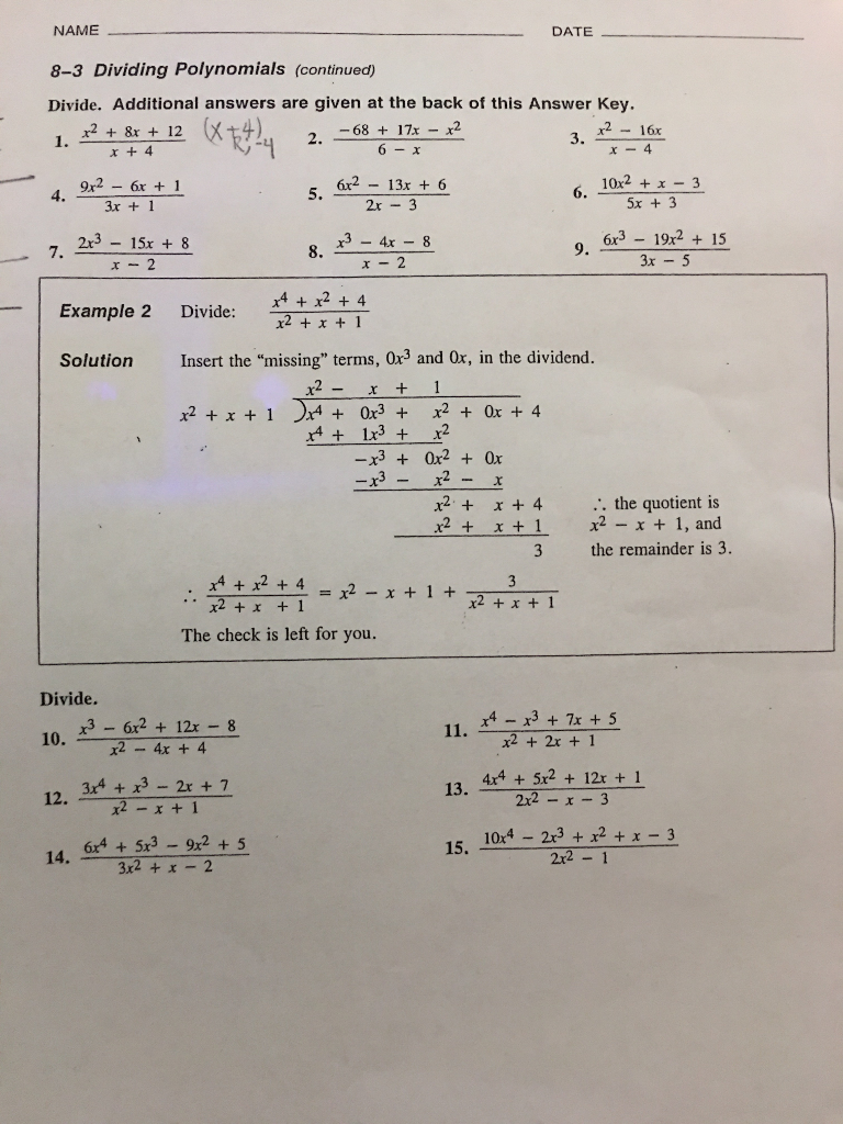 Solved Name 8 3 Dividing Polynomials Continued Divide Chegg Com