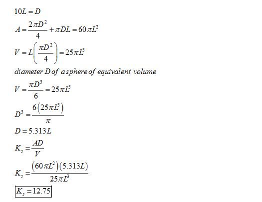 10L D 2兀D2 TTD V=L diameter Dof asphere of equivalent volume 兀D 6(25TE) 떼 D=5.313L AD (60TL)(5.313L) 25 π1) K. = 12.75