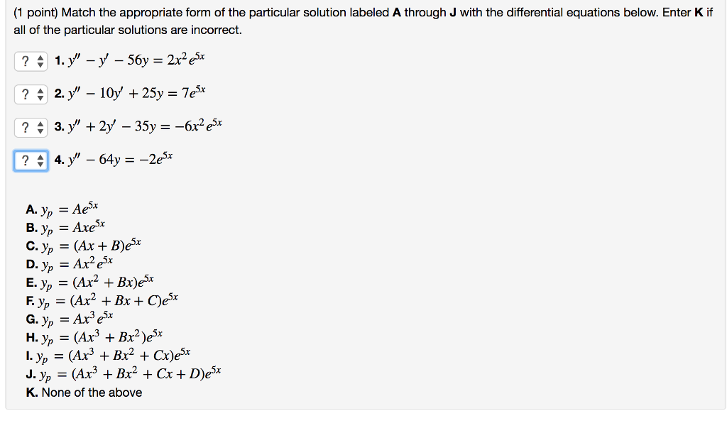 Solved Match The Appropriate Form Of The Particular Solution Chegg Com