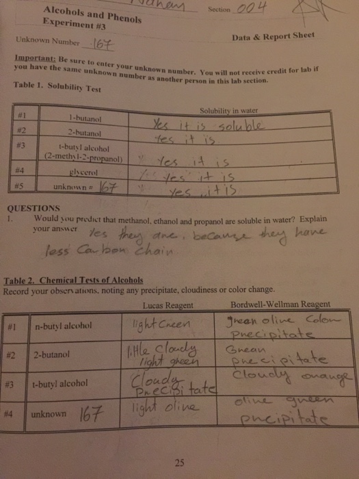 Alcohols And Phenols Experiment 3 Unknown Number6t Chegg 