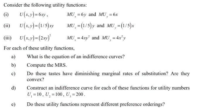 Consider The Following Utility Functions I U X Chegg Com