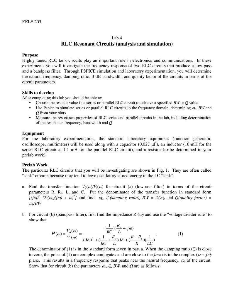 Solved Electric Circuits Ii Lab 4 Rlc Resonant Circuits Chegg Com