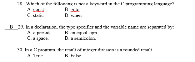 28 Which Of The Following Is Not A Keyword In The C Chegg Com