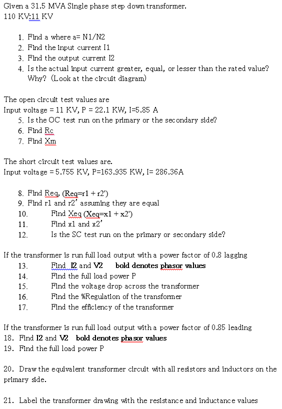 Given A 31.5 MVA Single Phase Step Down Transforme ... i2 phase diagram 