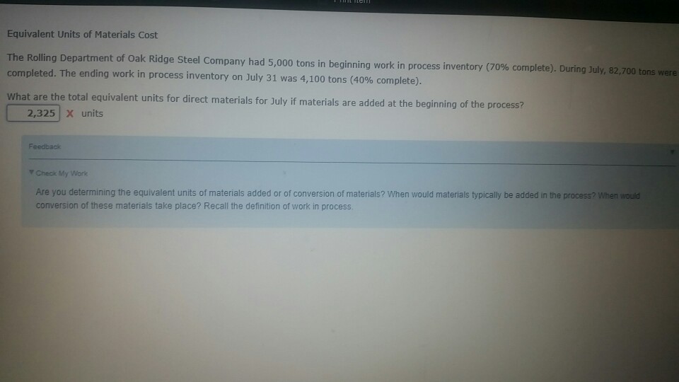 Solved Equivalent Units of Materials Cost ng Department of | Chegg.com