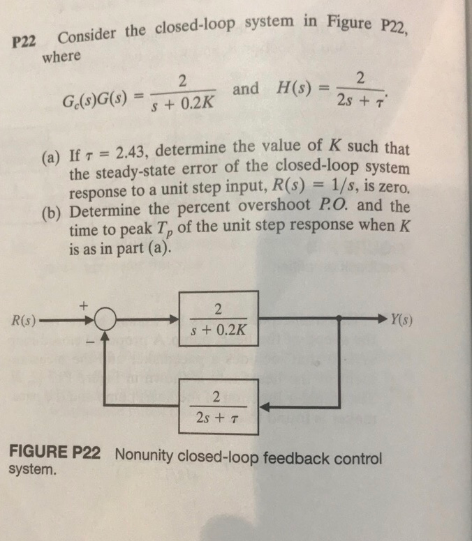 P22 Consider the closed-loop system in Figure 2 2s + where and H(s) G,(s)G(s) = s + 0.2K (a) If t = 2.43, determine the value of K such that the steady-state error of the closed-loop system response to a unit step input, R(s) = 1/s, is zero PO. and the time to peak Tp of the unit step response when K is as in part (a) R(s) . s +0.2K FIGURE P22 system Nonunity closed-loop feedback control