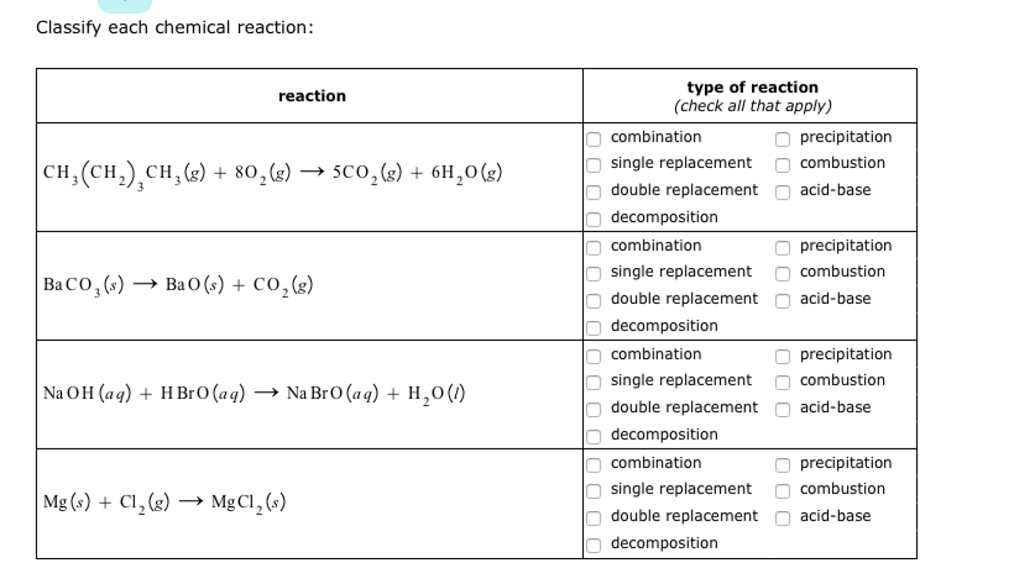 Solved Classify Each Chemical Reaction Reaction CH3(CH2