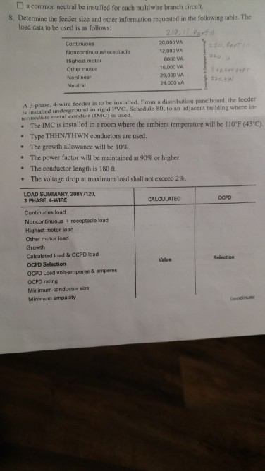 Solved Determine The Feeder Size And Other Information Re