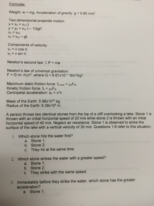 Solved Formulas Weight W Mg Acceleration Of Gravity G Chegg Com