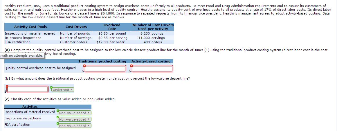 Healthy products, inc., uses a traditional product costing system to assign overhead costs uniformly to all products. to meet food and drug administration requirements and to assure its customers of safe, sanitary, and nutritious food, healthy engages in a high level of quality control. healthy assigns its quality control overhead costs to all products at a rate of 17% of direct labor costs. its direct labor cost for the month of june for its low-calorie dessert line is $64,800. in response to repeated requests from its financial vice president, healthys management agrees to adopt activity-based costing. data relating to the low-calorie dessert line for the month of june are as follows number of cost drive used per activit 6,230 pounds 11,000 servings 480 orders activity cost pools cost drivers inspections of material received in-process inspections fda certification number of pounds number of servings customer orders rate $0.80 per pound $0.33 per serving 12.00 per order (a) compute the quality-control overhead cost to be assigned to the low-calorie dessert product line for the month of june: (1) using the traditional product costing system (direct labor cost is the cost based costing with no attem empts available, ivity-based tiona in ivi quality-control overhead cost to be assigned (b) by what amount does the traditional product costing system undercost or overcost the low-calorie dessert line? undercost v (c) classify each of the activities as value-added or non-value-added ivit inspections of material received in-process inspections fda certification non-value-added non-value-added non-value-added ? ?