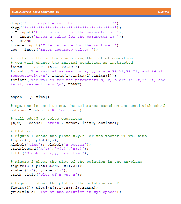 Solved Matlab Octave Lorenz Equations Lab Mat2330 Lab Ass Chegg Com