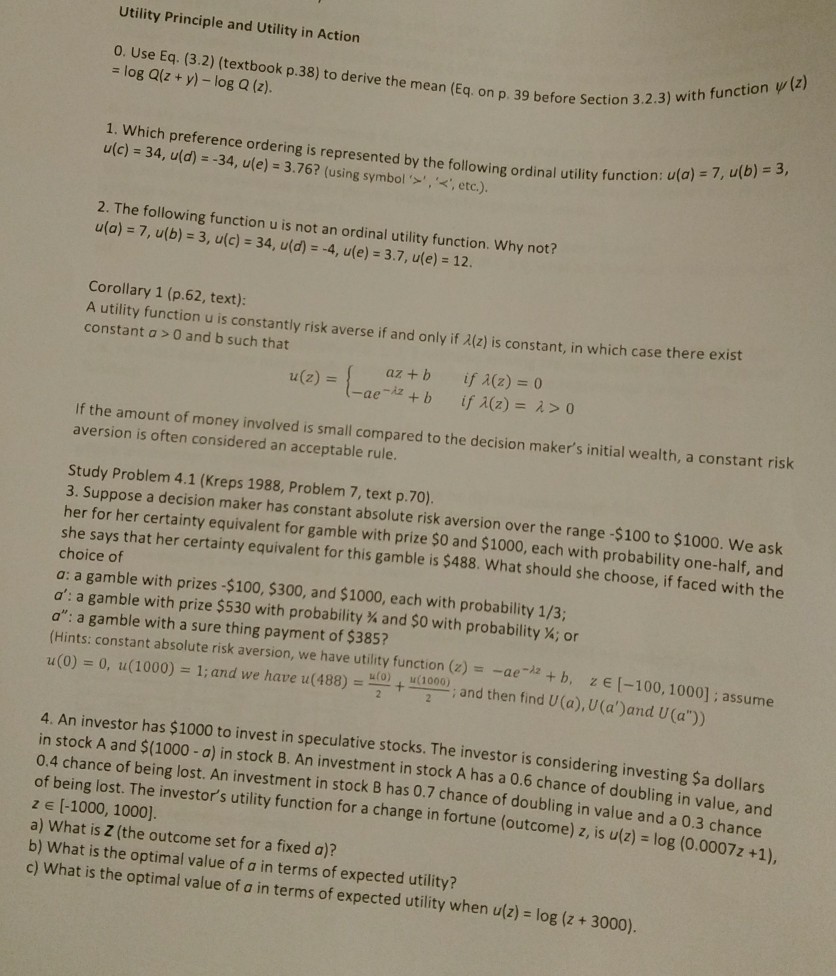 Solved Utility Principle And Utility In Action O Use Eq Chegg Com