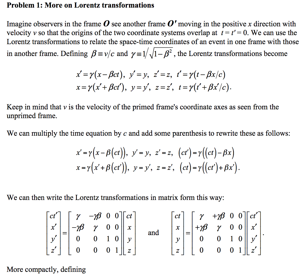 Solved Problem 1 More On Lorentz Transformations Imagine Chegg Com