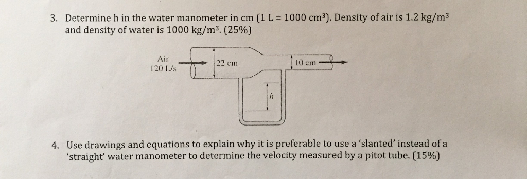 Solved A Determine H In The Water Manometer In Cm 1 L Chegg Com