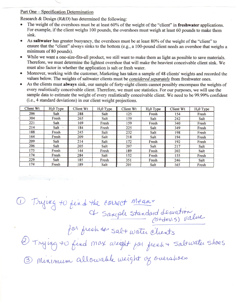 Part One- Specification Determination Research & Design (R&D) has determined the following · The weight of the overshoes must be at least 60% of the weight of the client in freshwater applications. For example, if the client weighs 100 pounds, the overshoes must weigh at least 60 pounds to make them Sink As saltwater has greater buoyancy, the overshoes must be at least 80% of the weight of the client to ensure that the client always sinks to the bottom (e.g., a 100-pound client needs an overshoe that weighs a minimum of 80 pounds). While we want a one-size-fits-all product, we still want to make them as light as possible to save materials Therefore, we must determine the lightest overshoe that will make the heaviest conceivable client sink. We must also factor in whether the application is salt or fresh water. . . Moreover, working with the customer, Marketing has taken a sample of 48 clients weights and recorded the values below. The weights of saltwater clients must be considered separately from freshwater ones. As the clients must always sink, our sample of forty-eight clients cannot possibly encompass the weights of every realistically conceivable client. Therefore, we must use statistics. For our purposes, we will use the sample data to estimate the weight of every realistically conceivable client, we need to be 99.99% confident (i.e., 4 standard deviations) in our client weight projections. Client Wt HO T Client Wt 288 265 169 H20 T H0 T Client WtH20 T Client Wt 125 Salt Fresh Salt Salt Fresh Fresh 206 304 221 154 242 340 349 198 194 Salt res Fresh res Fresh Fresh Salt Salt Fresh Salt Fresh Fresh 225 232 245 209 188 164 209 206 175 Salt Salt 172 207 res Salt res 205 144 284 185 189 Salt 202 Salt Fresh Salt res 229 351 201 res res Salt 165 5tdev.s) value 4Saltwatiu shoes