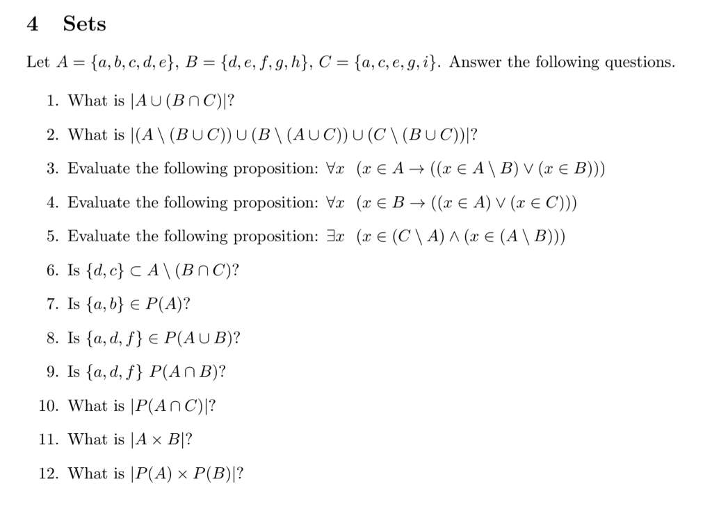 Solved 4 Sets Let A A B C D E B D E F G H C Chegg Com