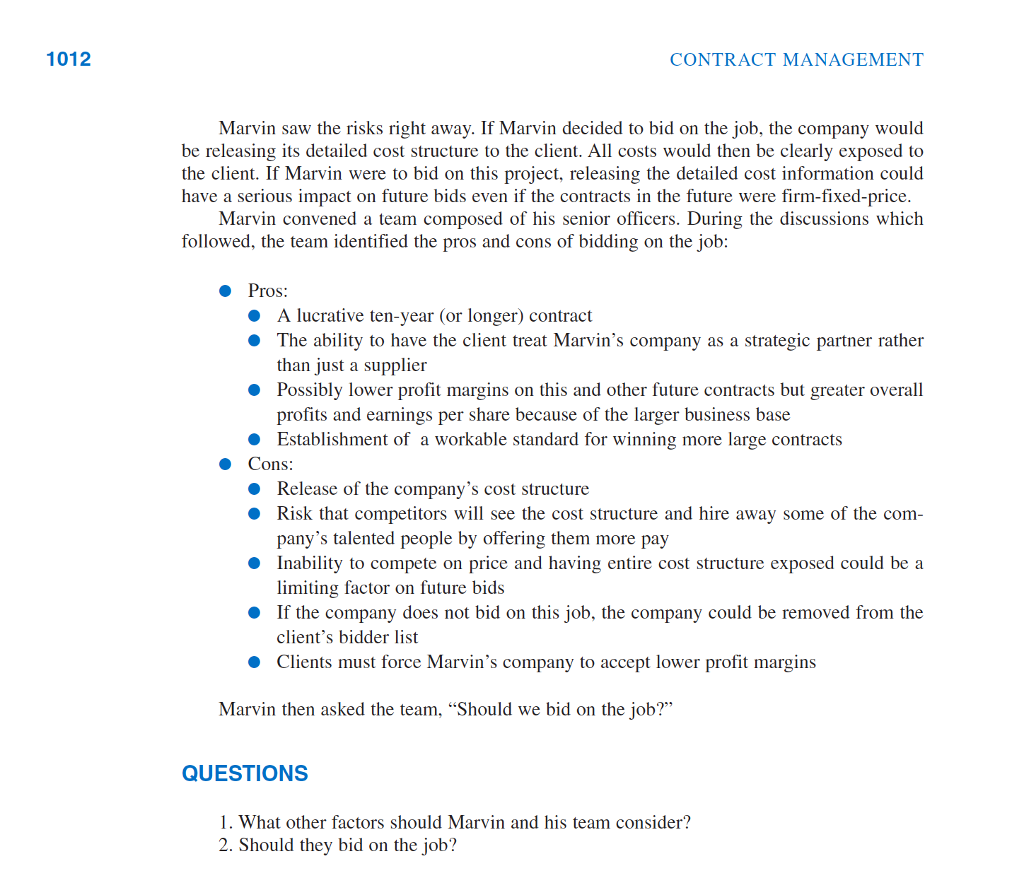 Read the case study to bid or not to bid on page 1011 and then answer the questions on page 1012. picture