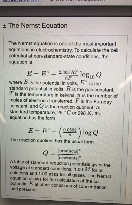 Solved The Nernst Equation The Nernst Equation Is One O Chegg Com