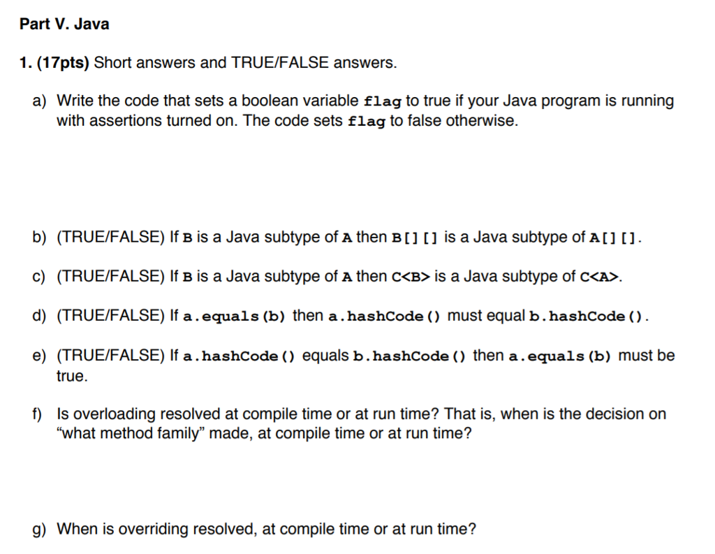 Solved Part V Java 1 17pts Short Answers And True Fal Chegg Com