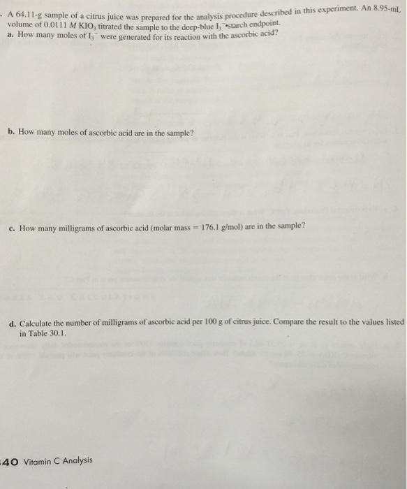 A 64.11g Sample Of A Citrus Juice Was Prepared Fo