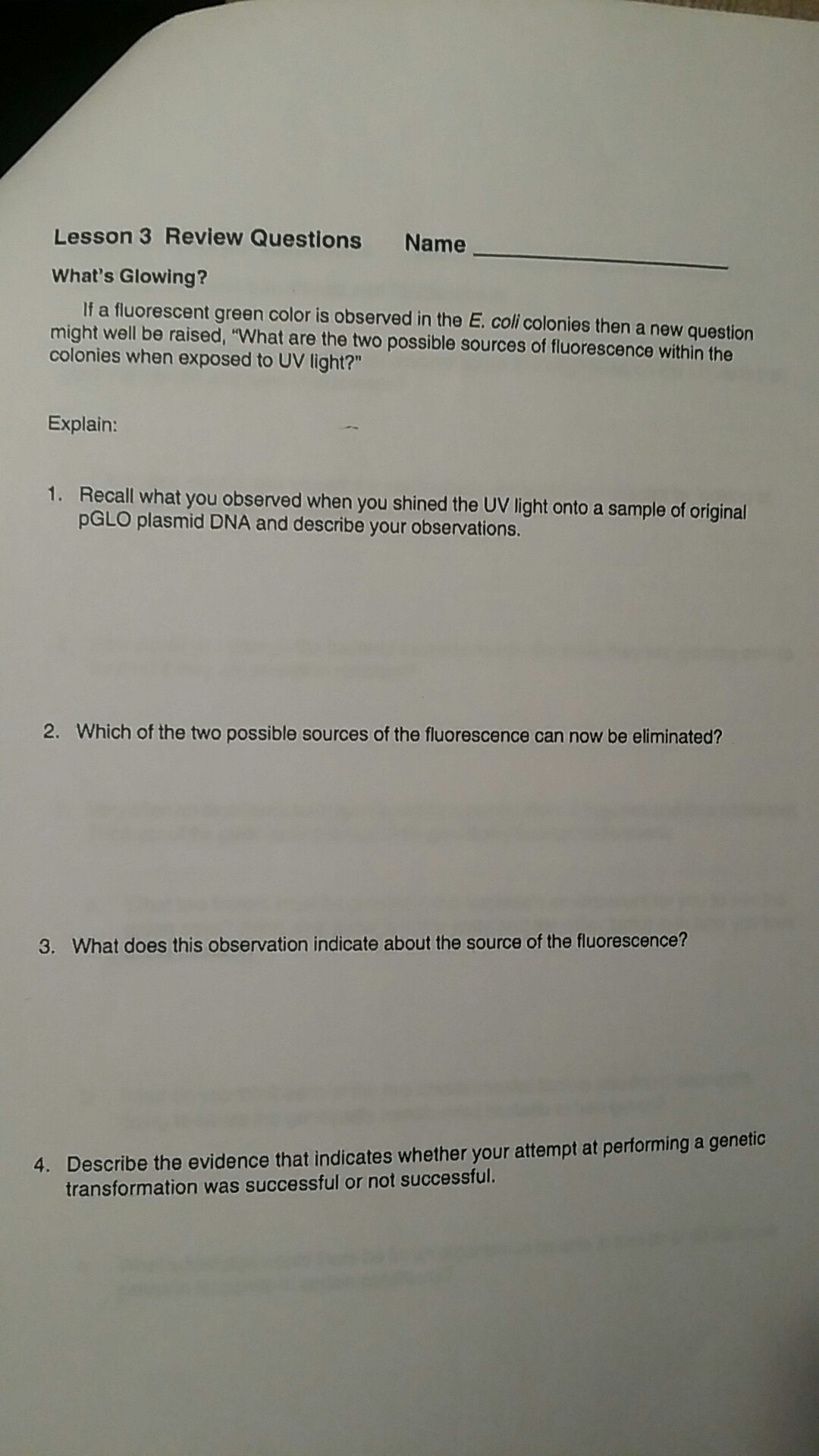 Lesson 3 Review Questions Name Whats Glowing If A Fluorescent Green Color Is Observed In