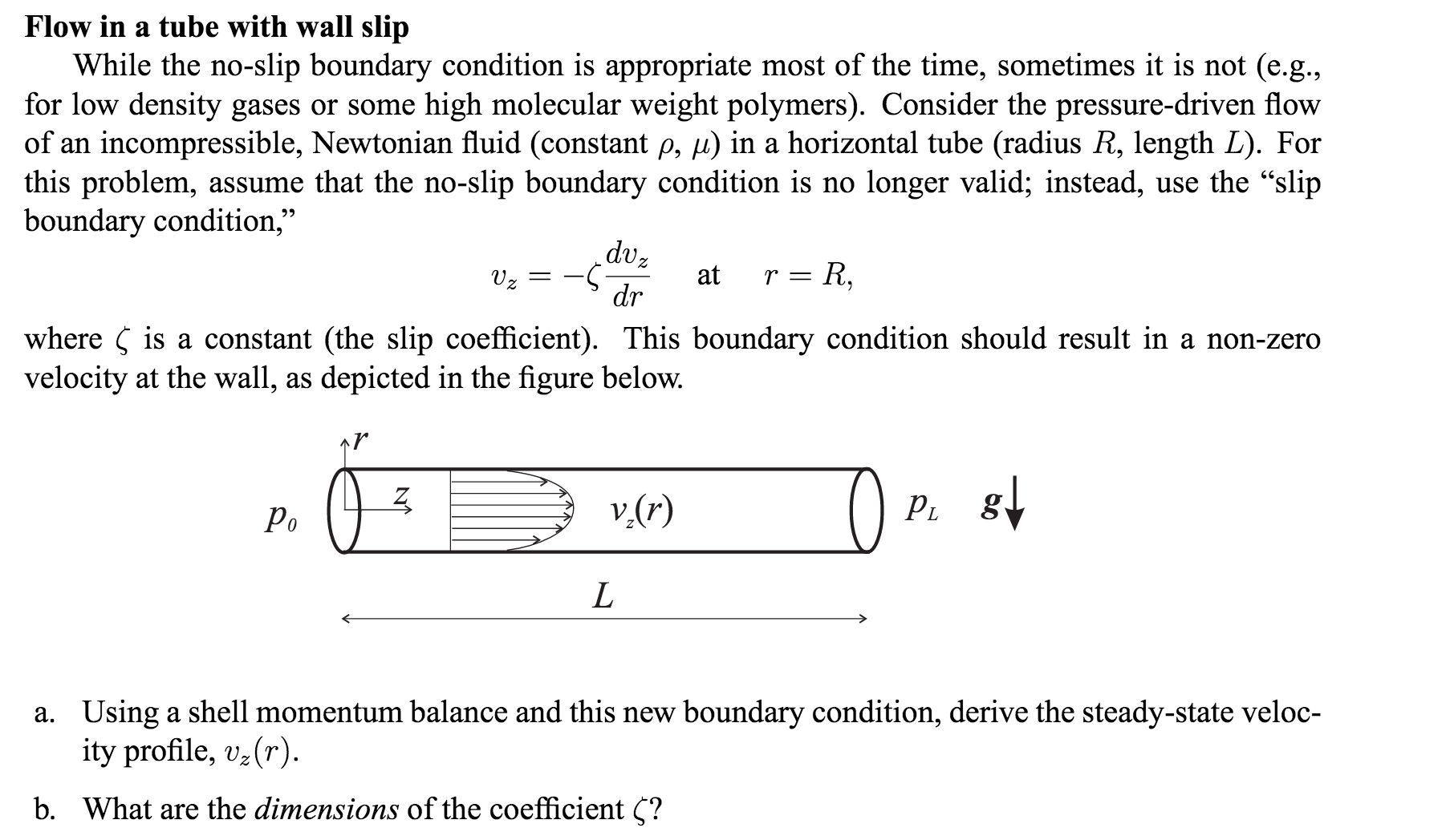 Pipe flow with a no-slip (a) and with a slip (b) boundary condition.
