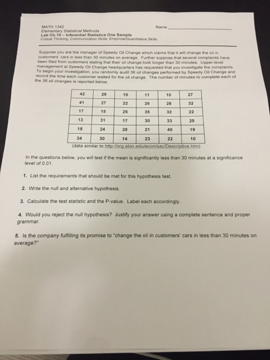 Solved Math 1342A Name Elementary Statistical Methods Lab | Chegg.com