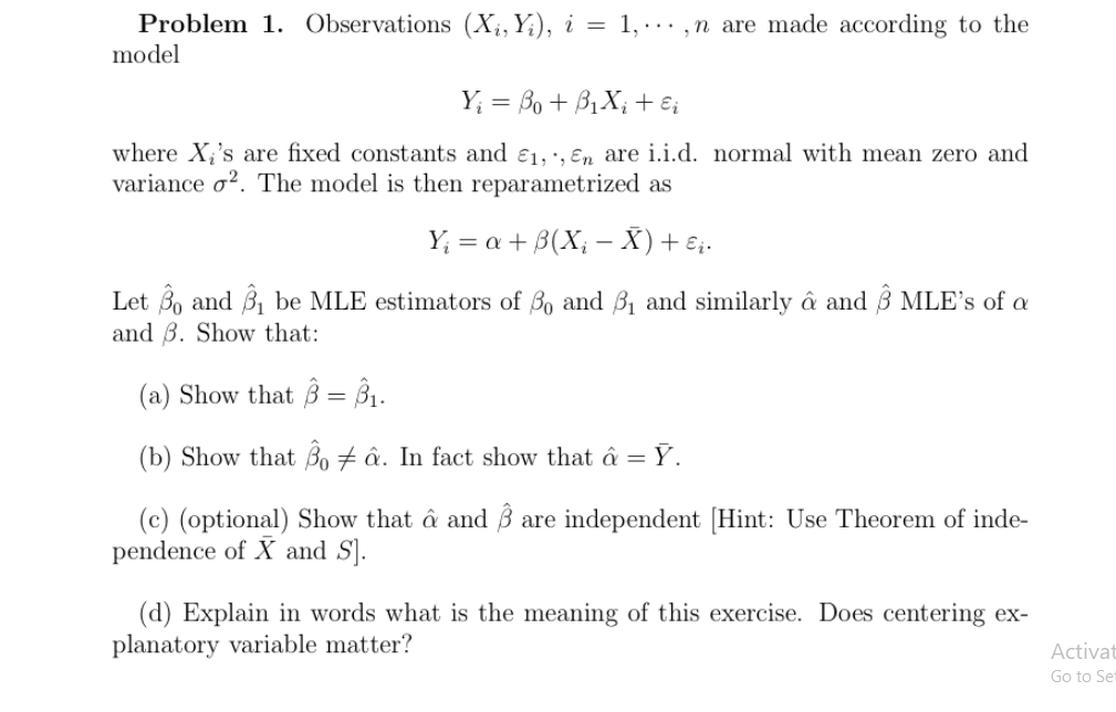 Problem 1 Observations X Y I 1 Model N A Chegg Com