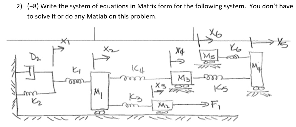 (+8) Write the system of equations in Matrix form for the following system. You dont have to solve it or do any Matlab on this problem. 2) Xt Ct 匕. Ki3