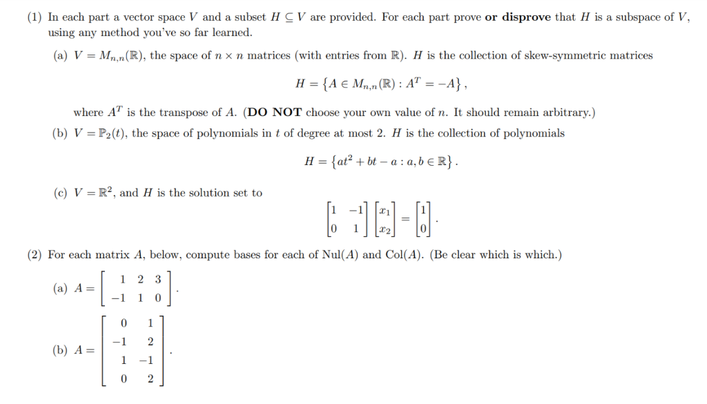 Solved 1 In Each Part A Vector Space V And A Subset H C Chegg Com
