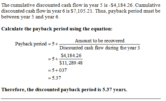 The cumulative discounted cash flow in year 5 is -$4,184.26. Cumulative discounted cash flow in year 6 is S7,105.21. Thus, pa