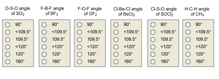F-O-F angle F-B-F angle of BF3 O-S-O angle Cl-Be-Cl angle of BeCl2 Cl-S-O a...