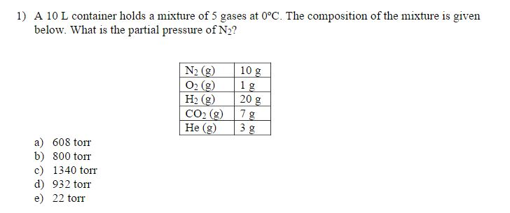 A 10 L Container Holds A Mixture Of 5 Gases At 0 Chegg 