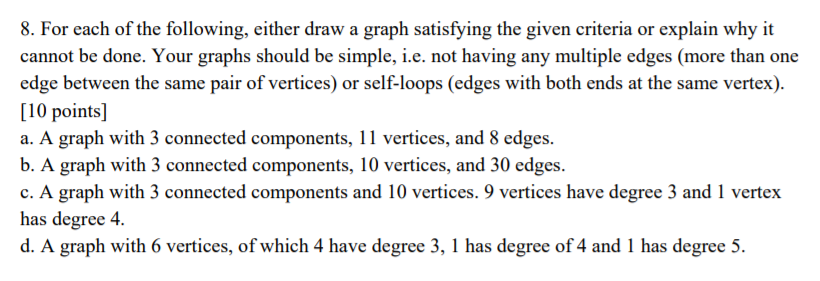 8. For each of the following, either draw a graph satisfying the given criteria or explain why it cannot be done. Your graphs should be simple, i.e. not having any multiple edges (more than one edge between the same pair of vertices) or self-loops (edges with both ends at the same vertex). 10 points] a. A graph with 3 connected components, 11 vertices, and 8 edges. b. A graph with 3 connected components, 10 vertices, and 30 edges. c. A graph with 3 connected components and 10 vertices. 9 vertices have degree 3 and 1 vertex has degree 4. d. A graph with 6 vertices, of which 4 have degree 3, 1 has degree of 4 and 1 has degree 5.