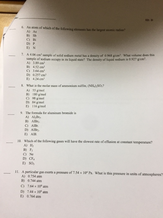 Solved Id D 6 An Atom Of Which Ofthe Following Elements Chegg Com